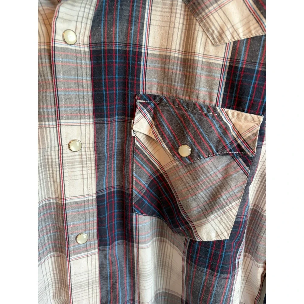 Levis Mens Western Plaid Pearl Snap Shirt Navy Red White Long Sleeve Large
